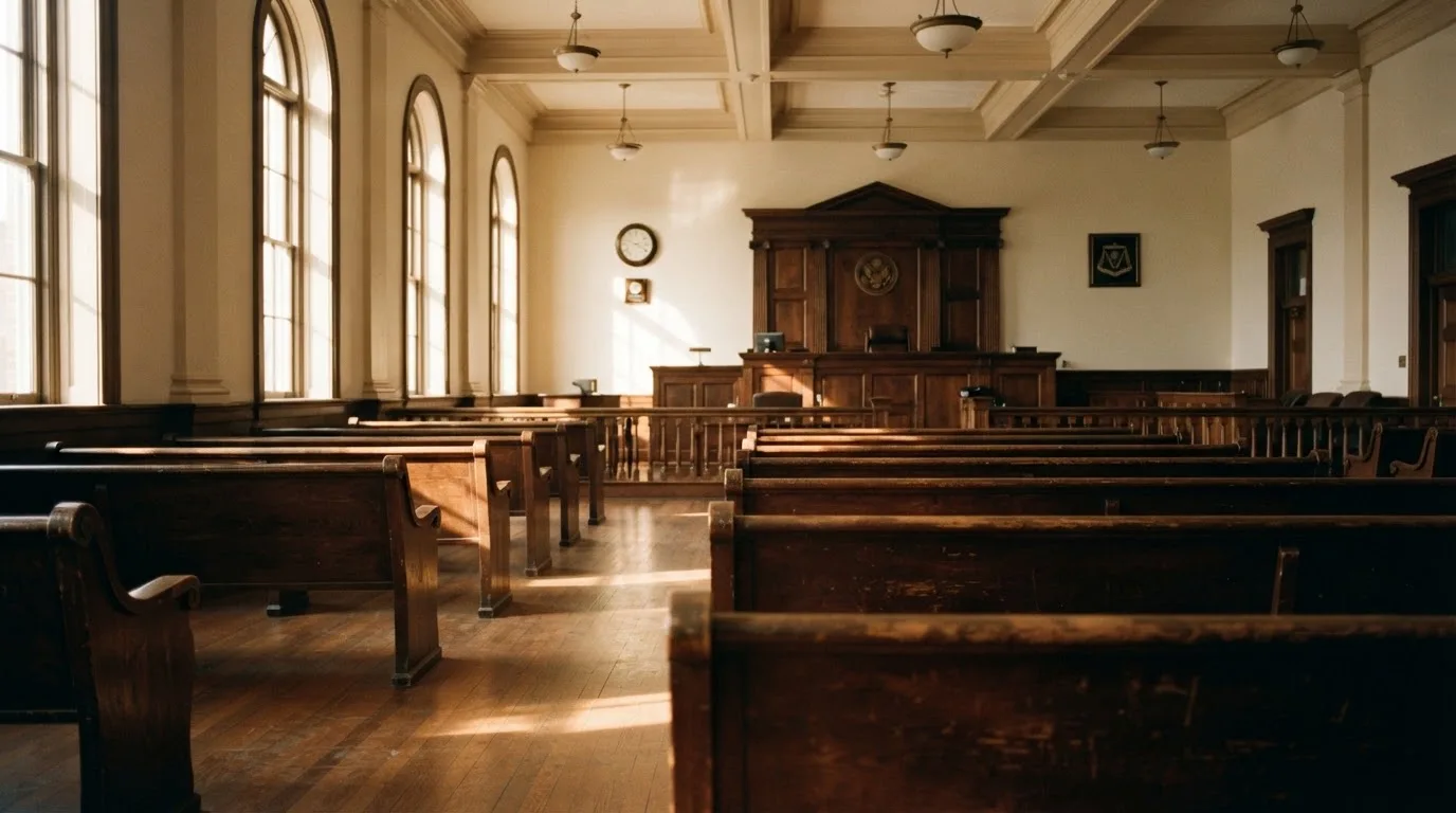 An empty courtroom with wooden benches in morning light