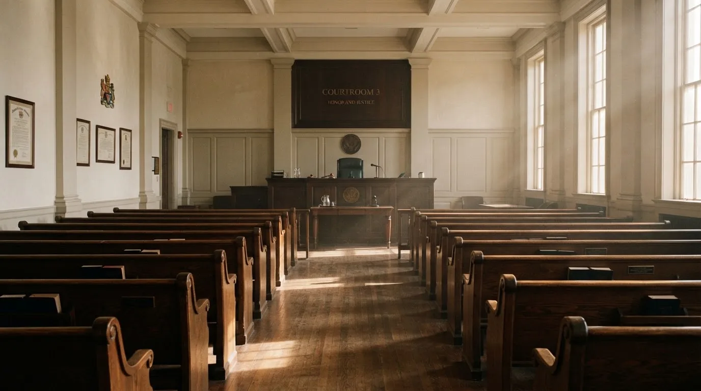 An empty courtroom with wooden benches in morning light