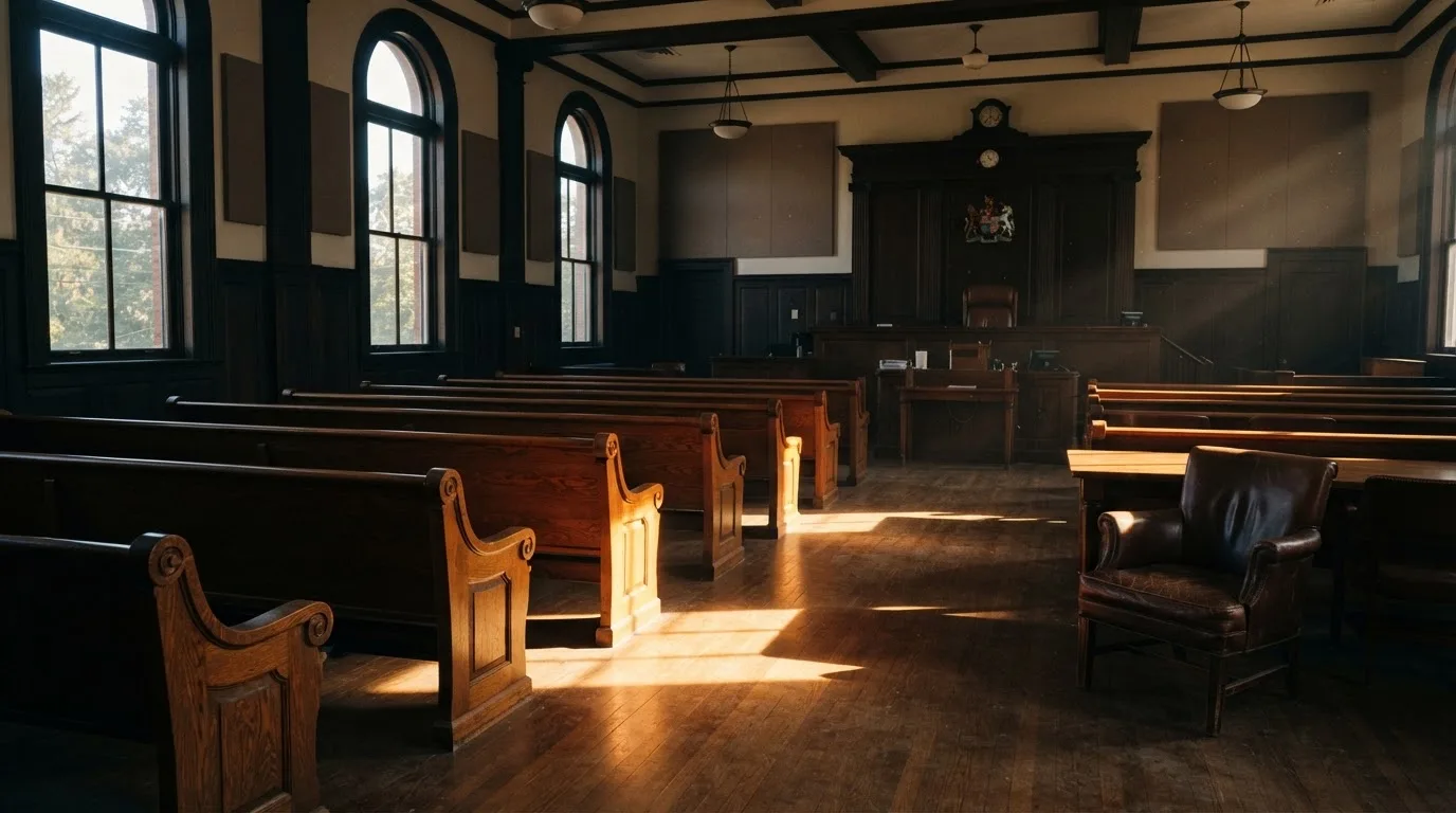 An empty courtroom with wooden benches in morning light
