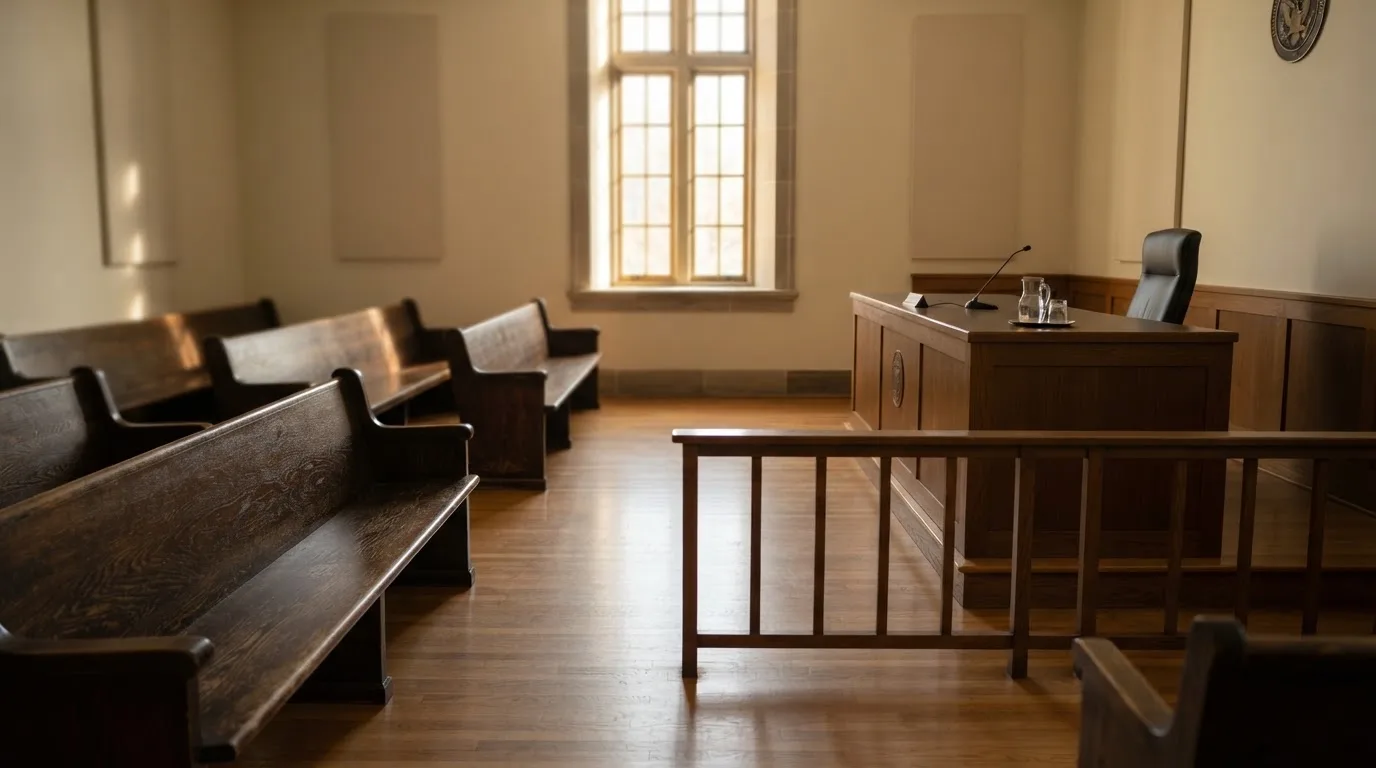 An empty courtroom with wooden benches in morning light