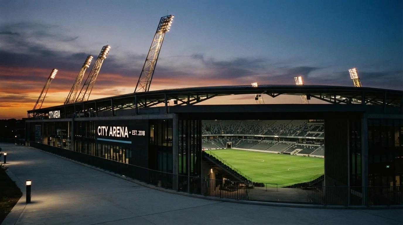 An empty football stadium with floodlight masts at dusk
