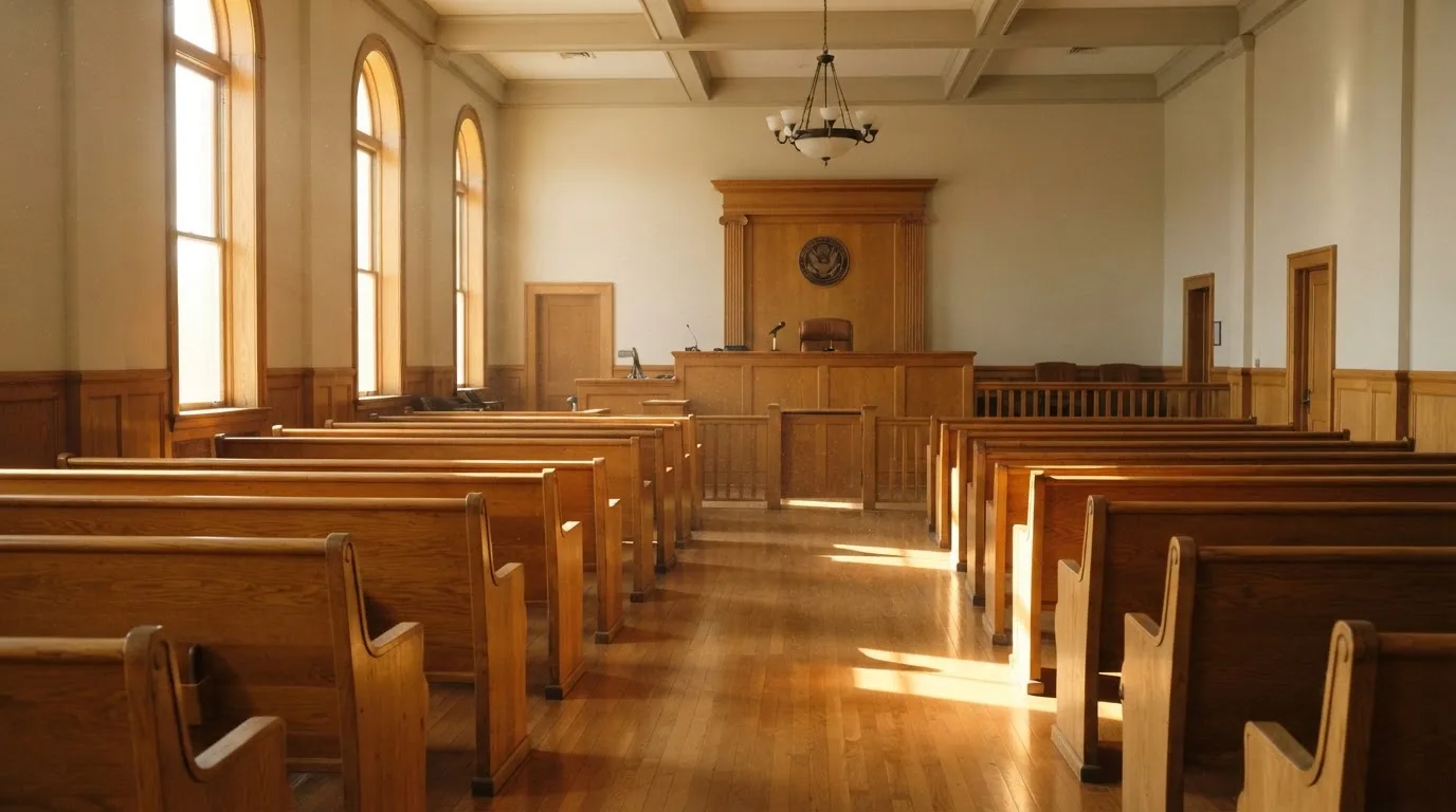 An empty courtroom with wooden benches in morning light