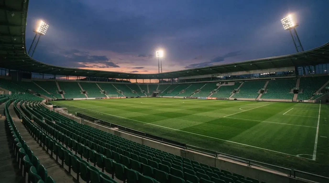 An empty football stadium with floodlight masts at dusk