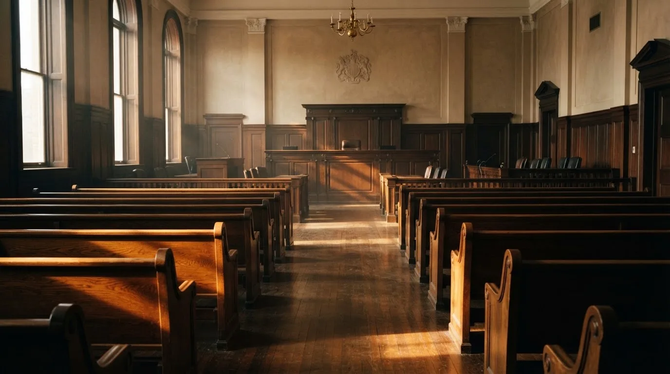 An empty courtroom with wooden benches in morning light