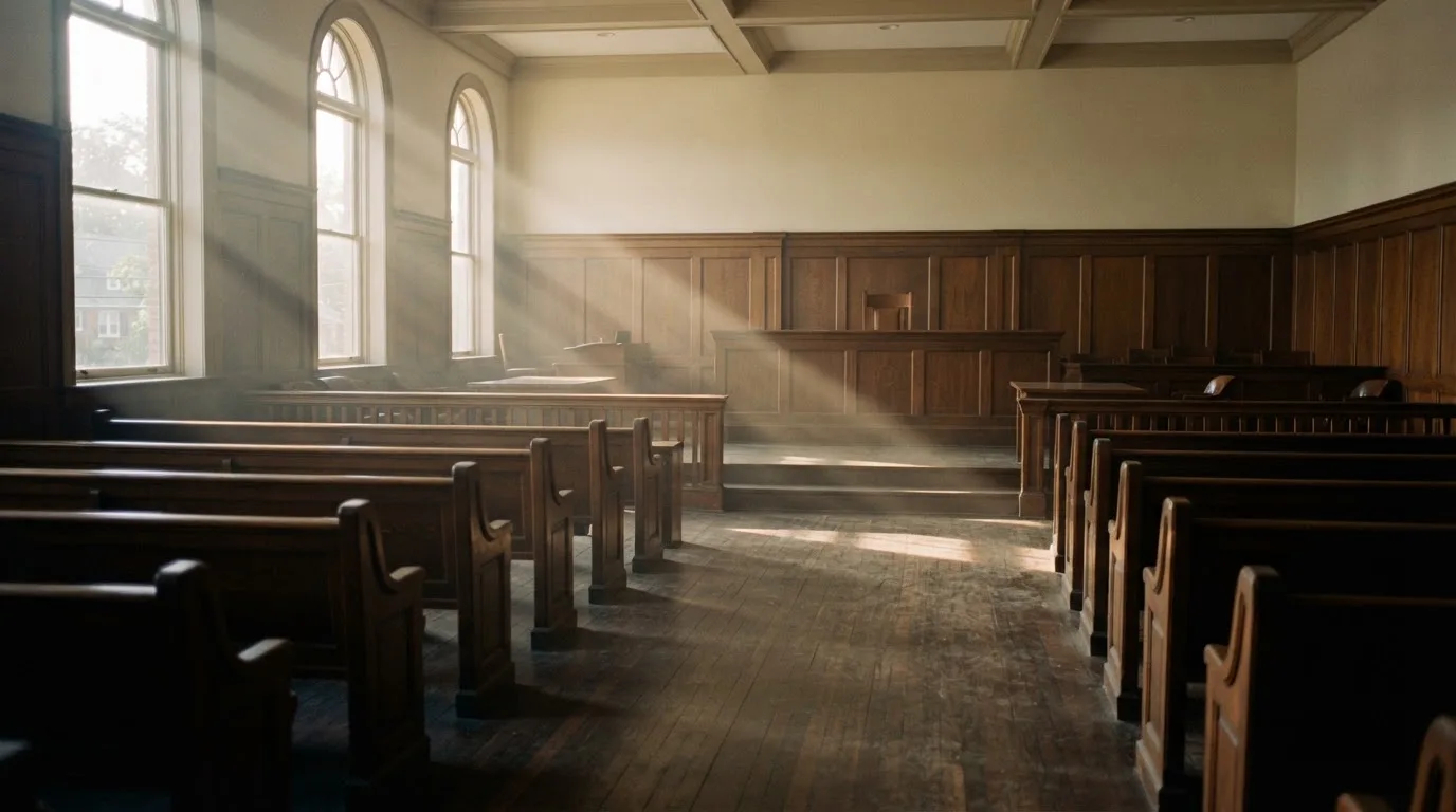 An empty courtroom with wooden benches in morning light