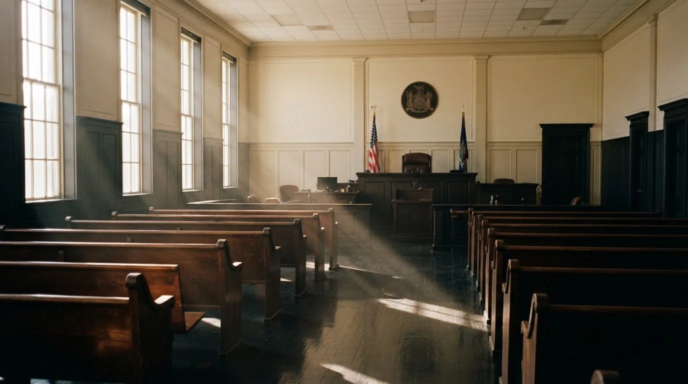 An empty courtroom with wooden benches in morning light