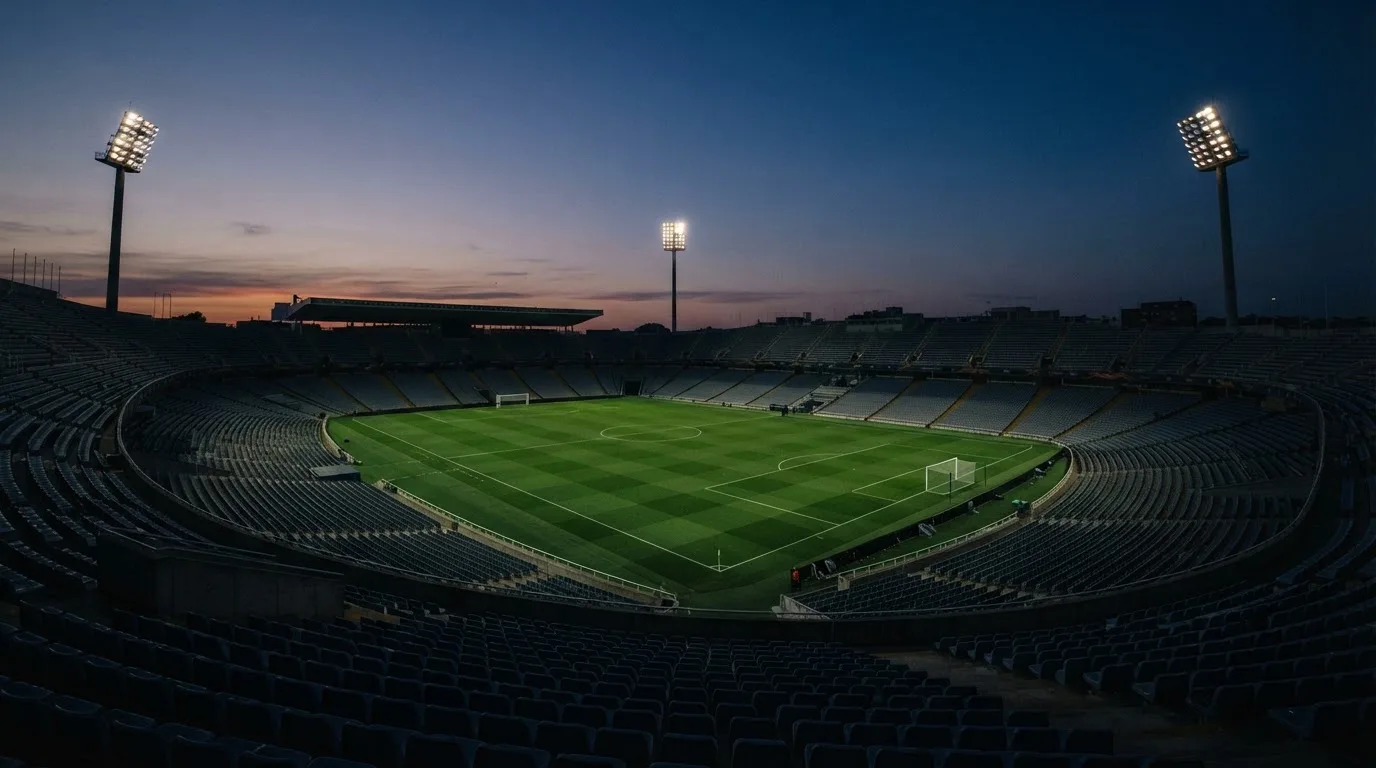 An empty football stadium with floodlight masts at dusk