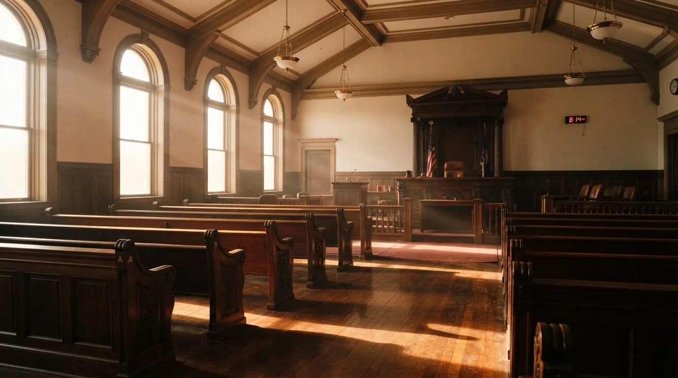 An empty courtroom with wooden benches in morning light