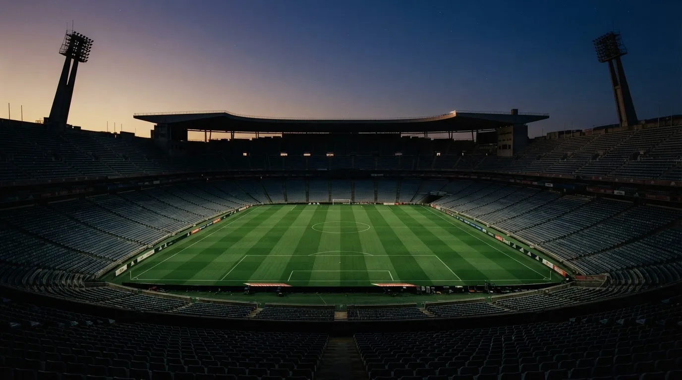 An empty football stadium with floodlight masts at dusk