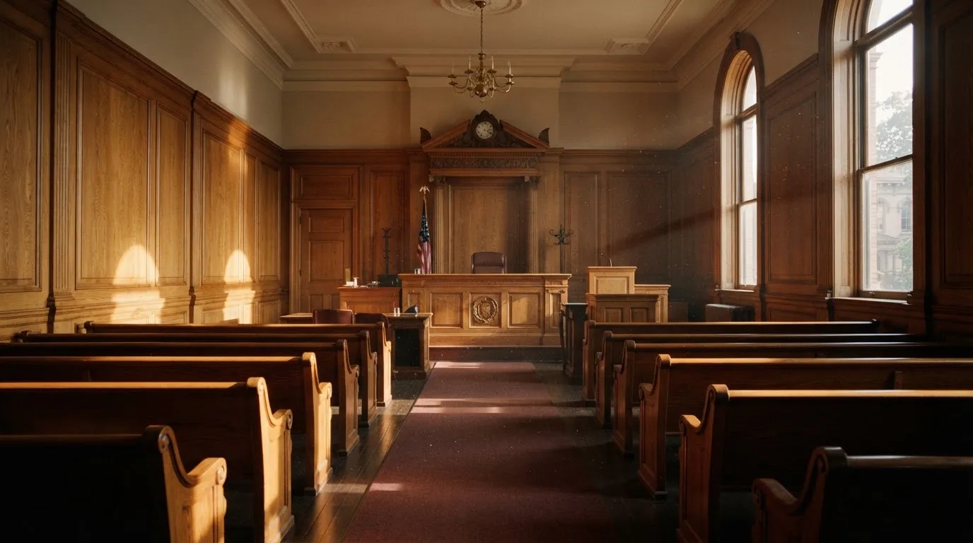 An empty courtroom with wooden benches in morning light