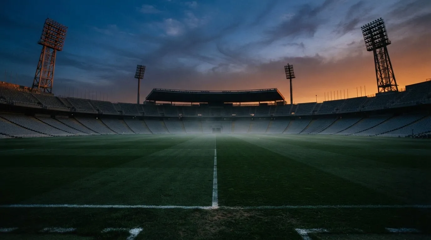 An empty football stadium with floodlight masts at dusk
