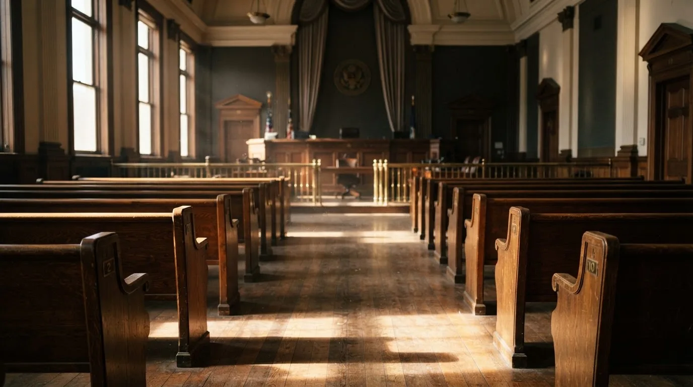 An empty courtroom with wooden benches in morning light