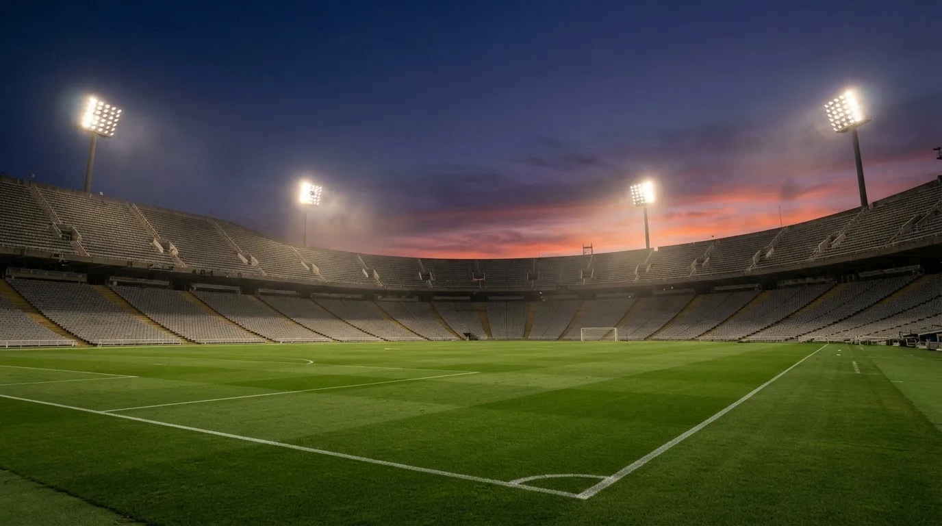 An empty football stadium with floodlight masts at dusk