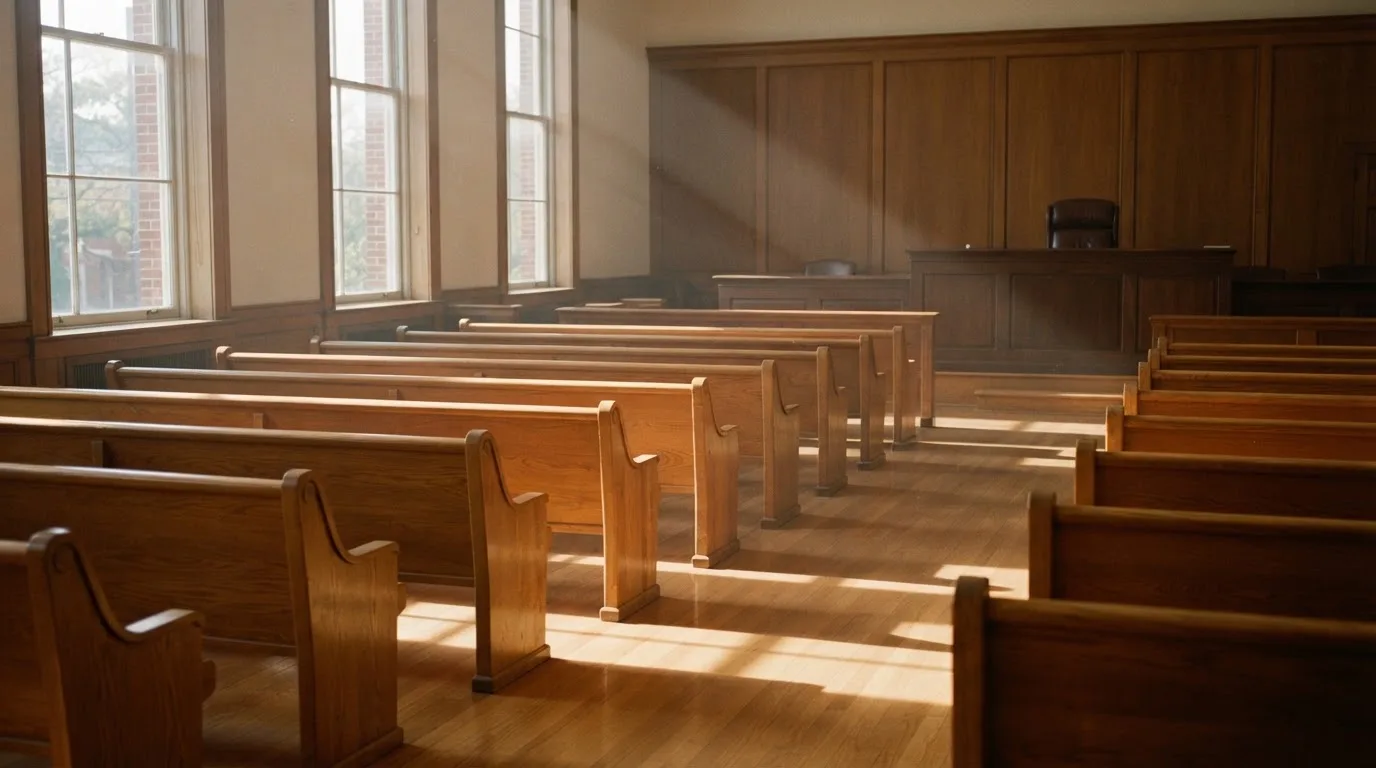 An empty courtroom with wooden benches in morning light