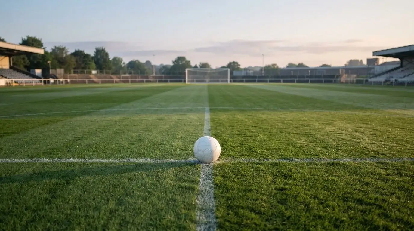 A ball on the centre spot of a grass pitch in morning light