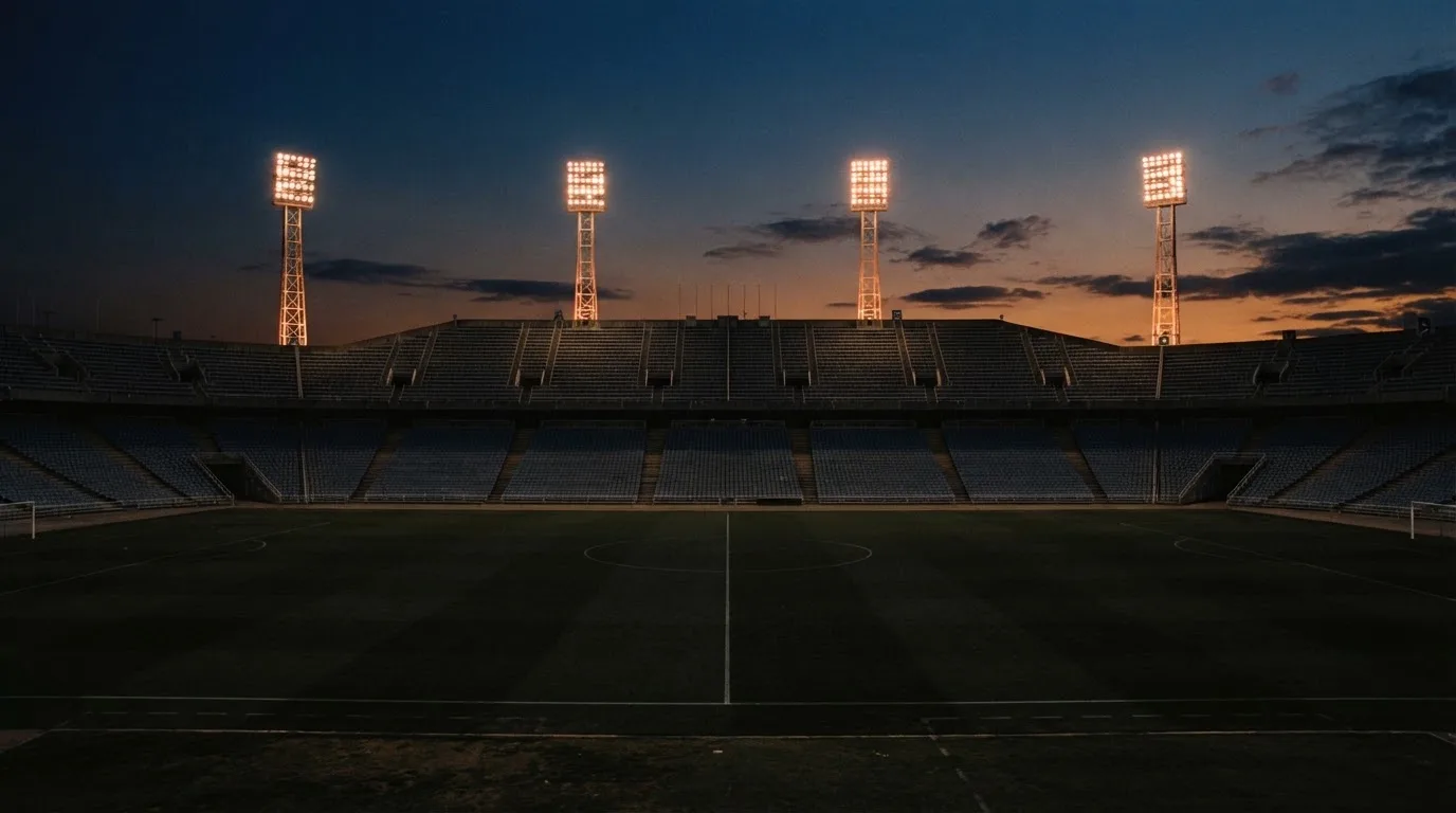 An empty football stadium with floodlight masts at dusk