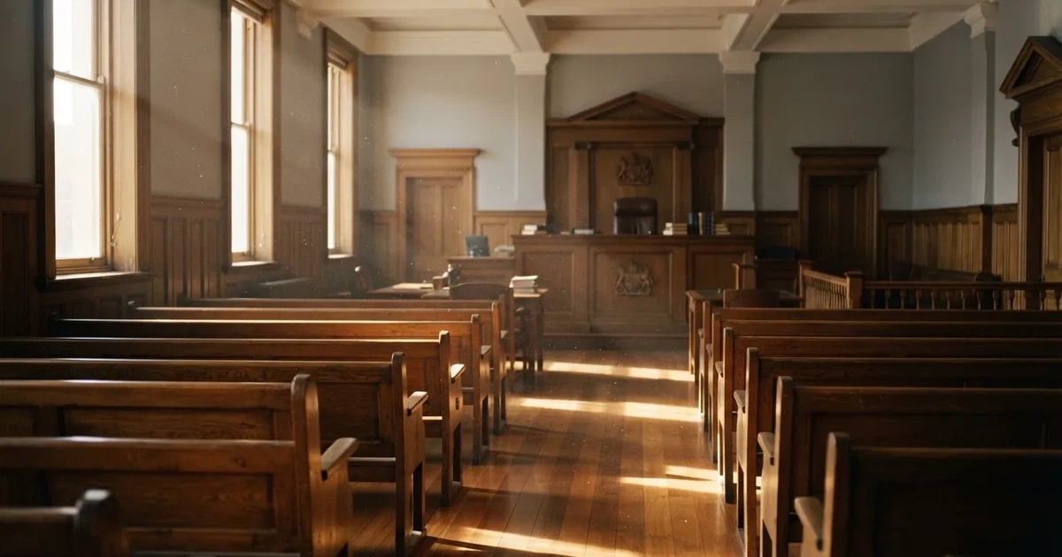 An empty courtroom with wooden benches in morning light