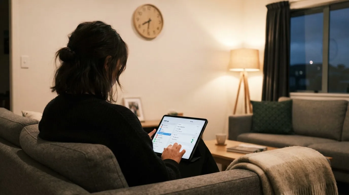 A person on a sofa looking thoughtfully at a tablet, a wall clock in the background