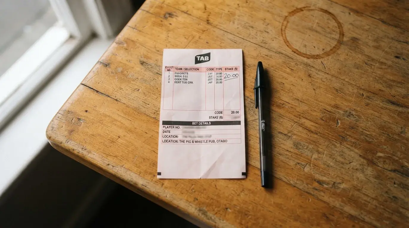 A blank paper betting slip beside a pen on a wooden counter