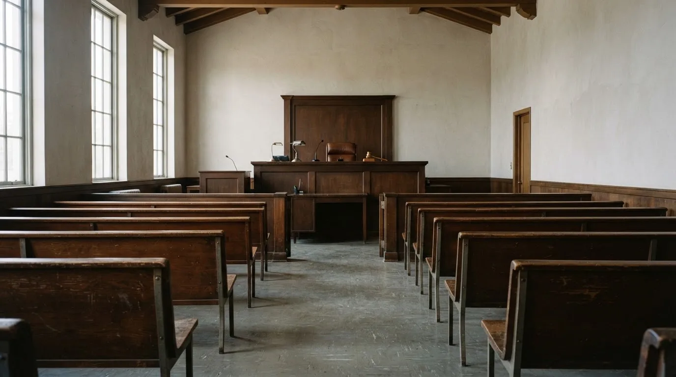 An empty courtroom with wooden benches in morning light