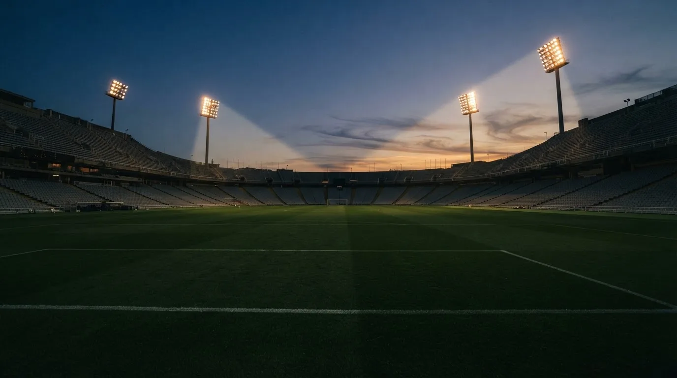 An empty football stadium with floodlight masts at dusk