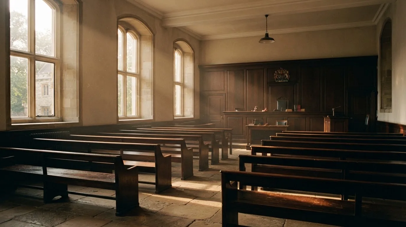 An empty courtroom with wooden benches in morning light