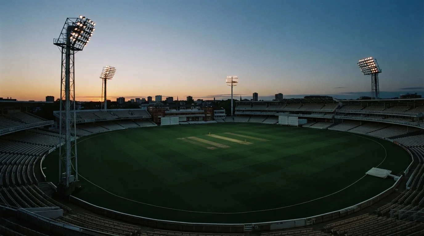 An empty football stadium with floodlight masts at dusk