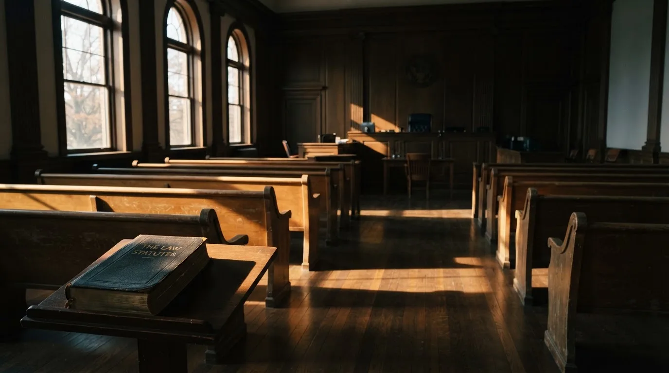 An empty courtroom with wooden benches in morning light