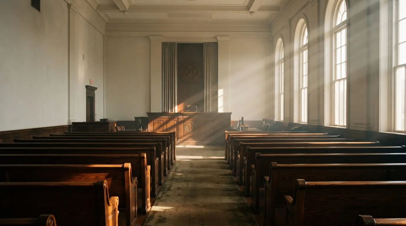 An empty courtroom with wooden benches in morning light