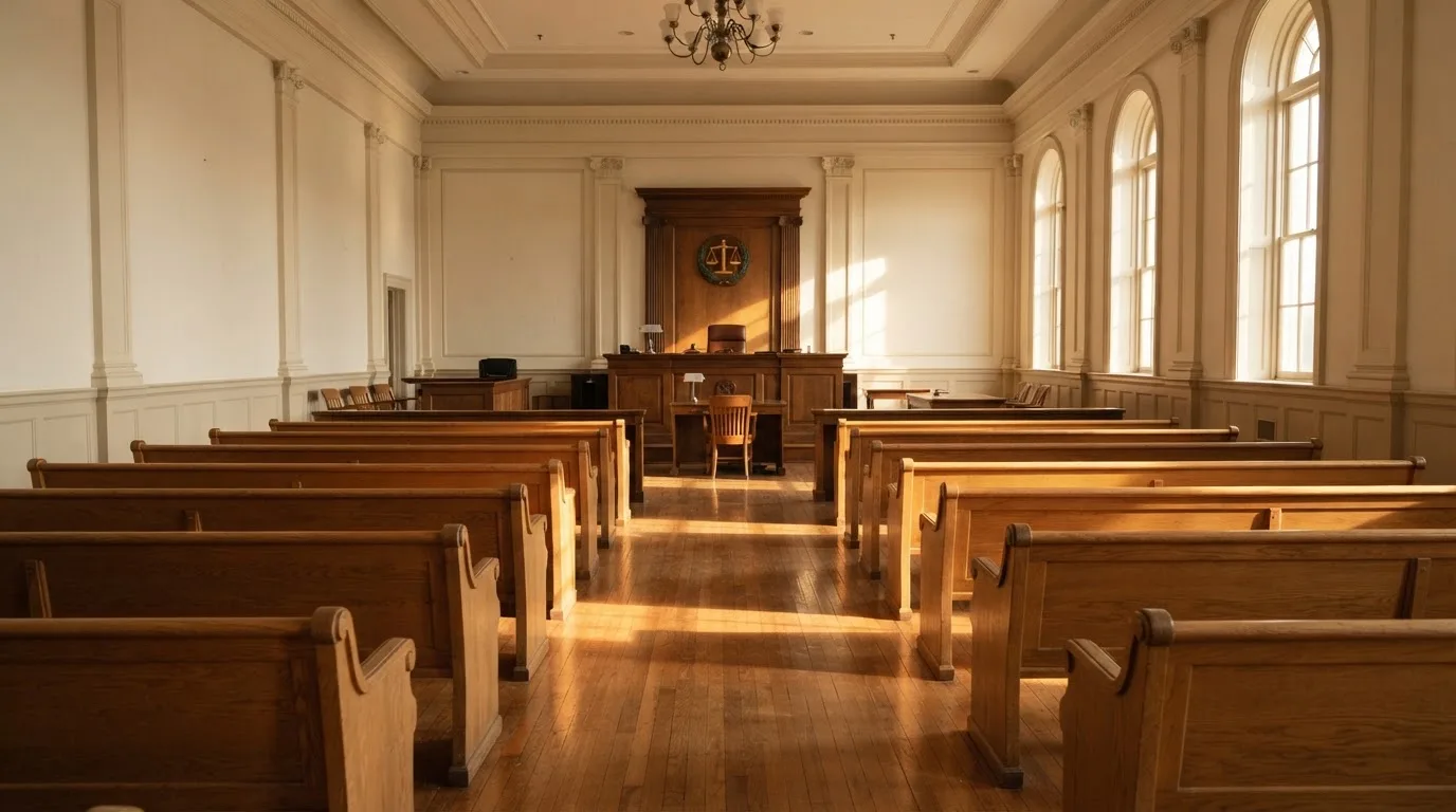 An empty courtroom with wooden benches in morning light