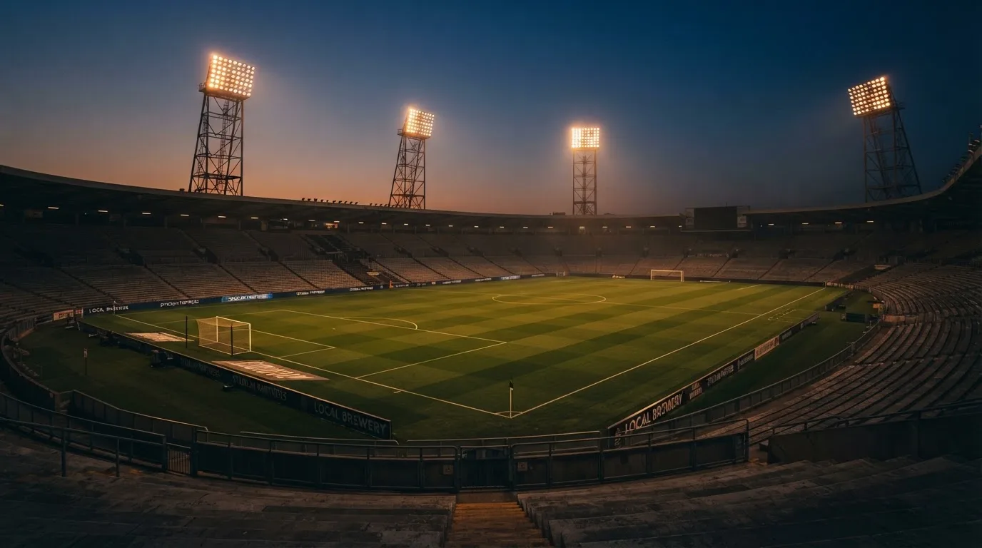 An empty football stadium with floodlight masts at dusk