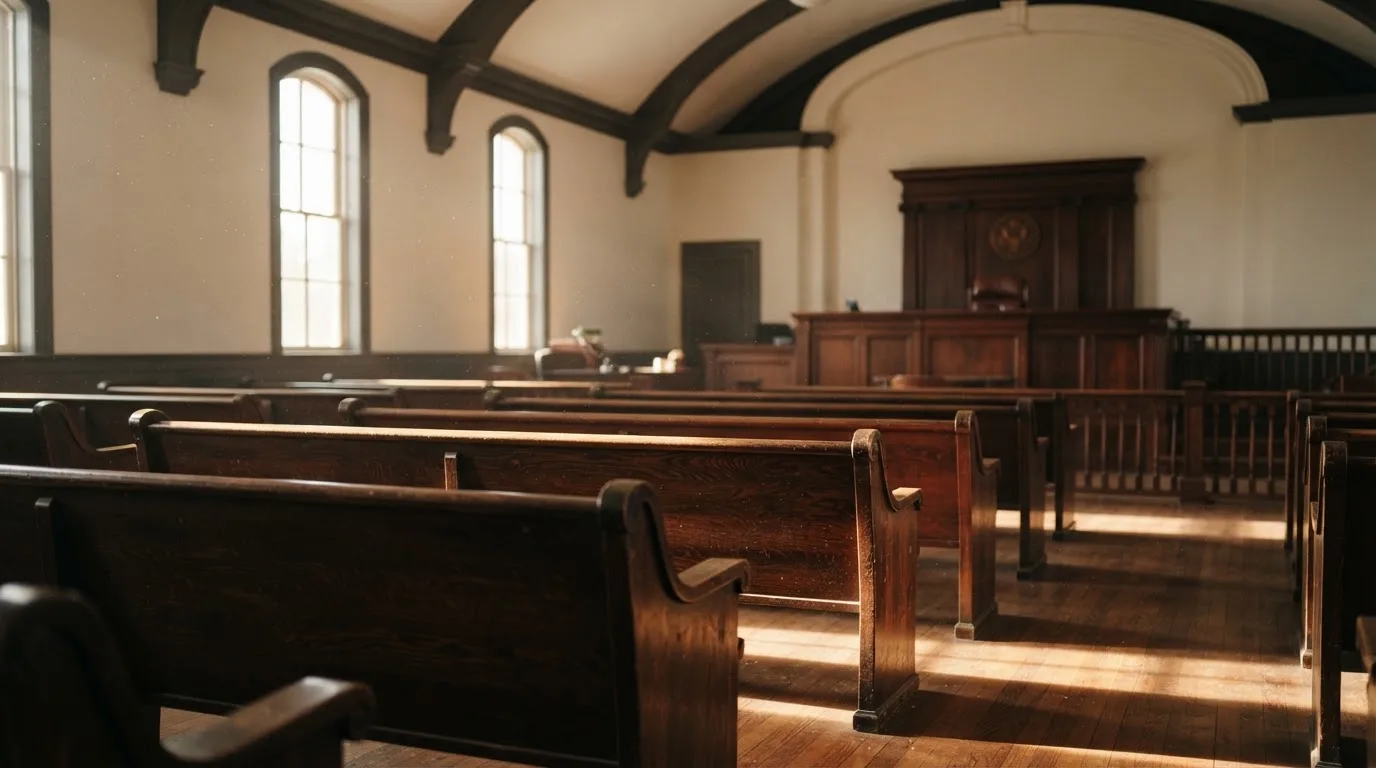 An empty courtroom with wooden benches in morning light
