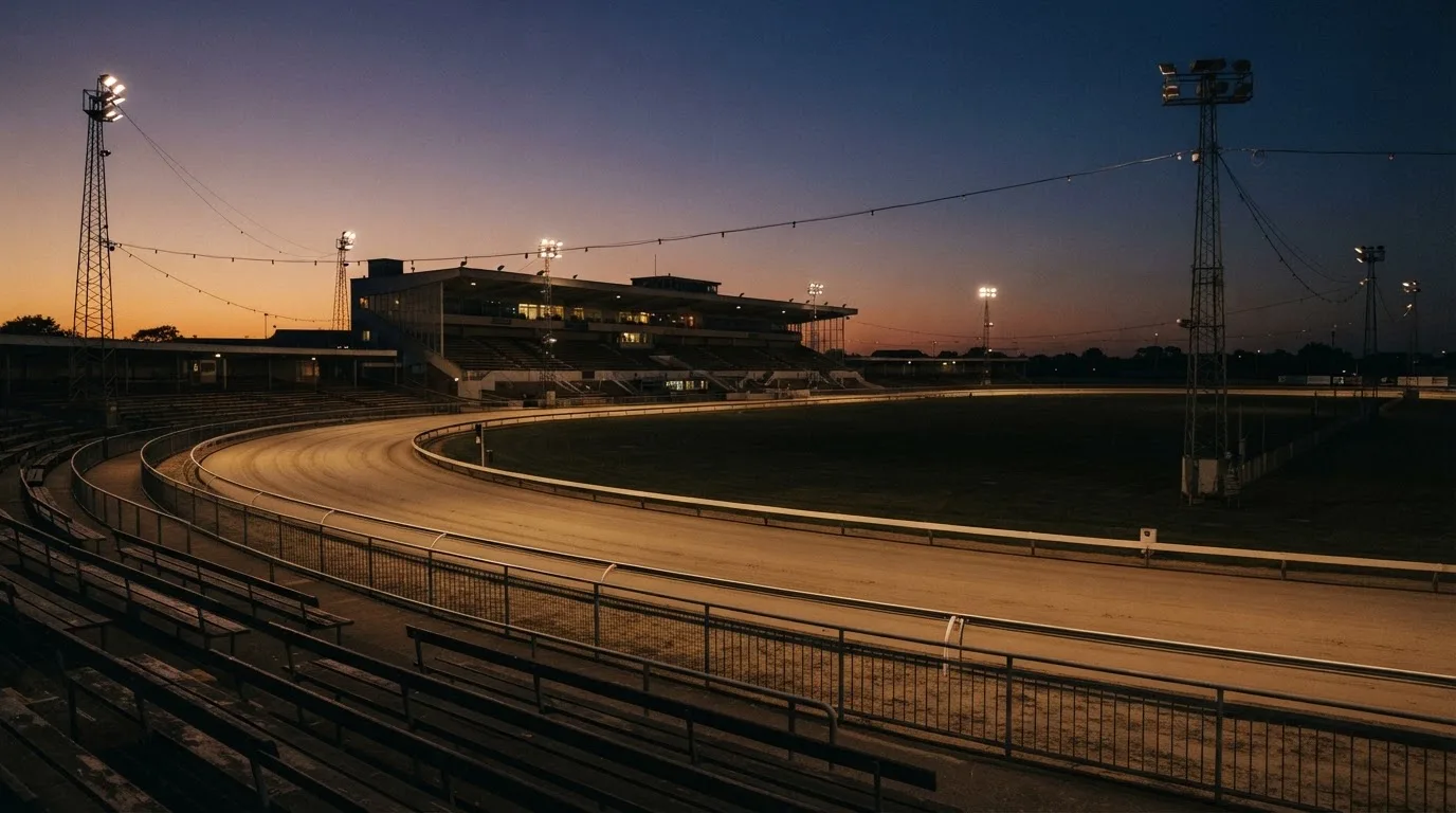 An empty football stadium with floodlight masts at dusk