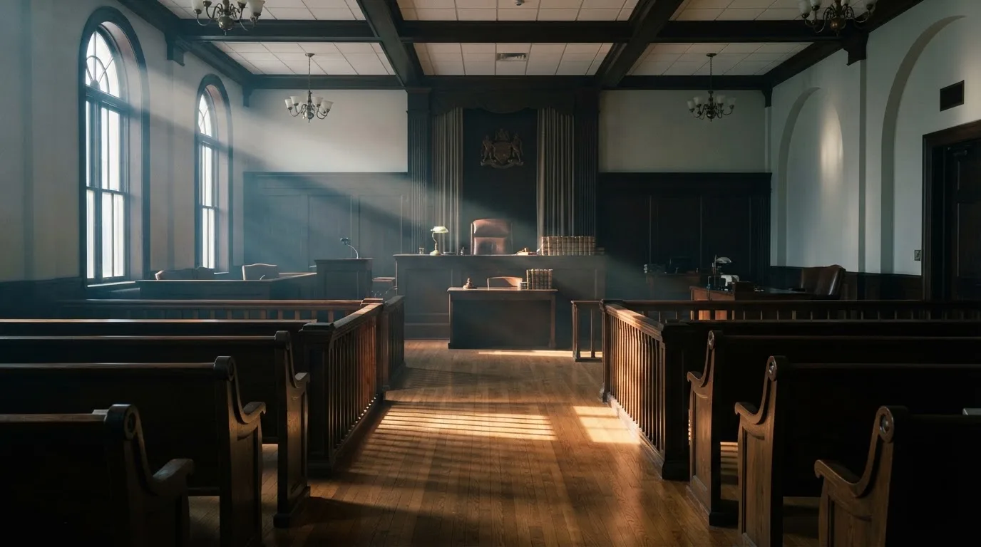An empty courtroom with wooden benches in morning light