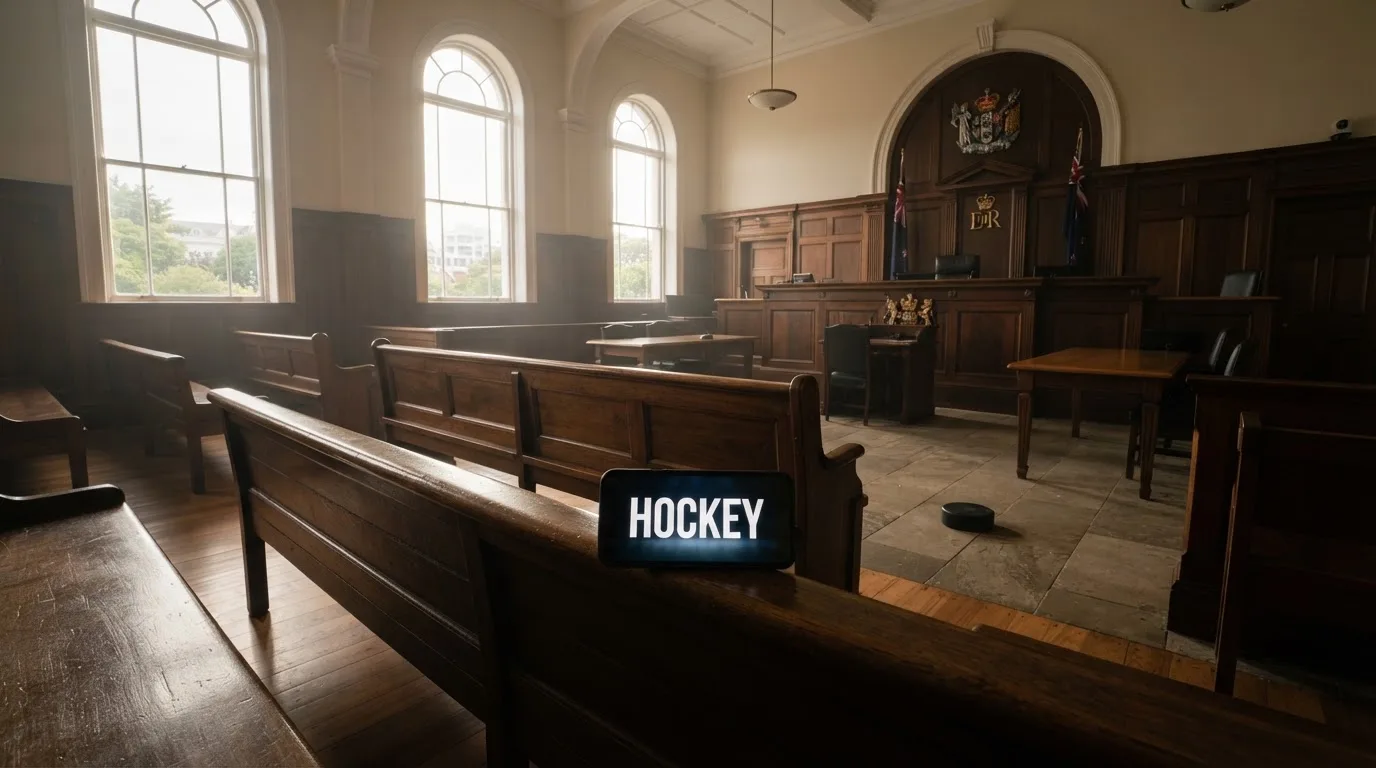 An empty courtroom with wooden benches in morning light