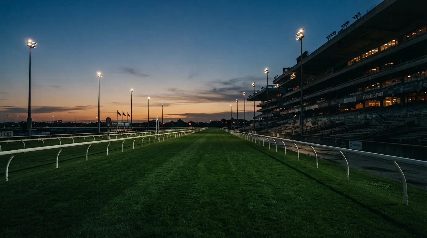 An empty football stadium with floodlight masts at dusk