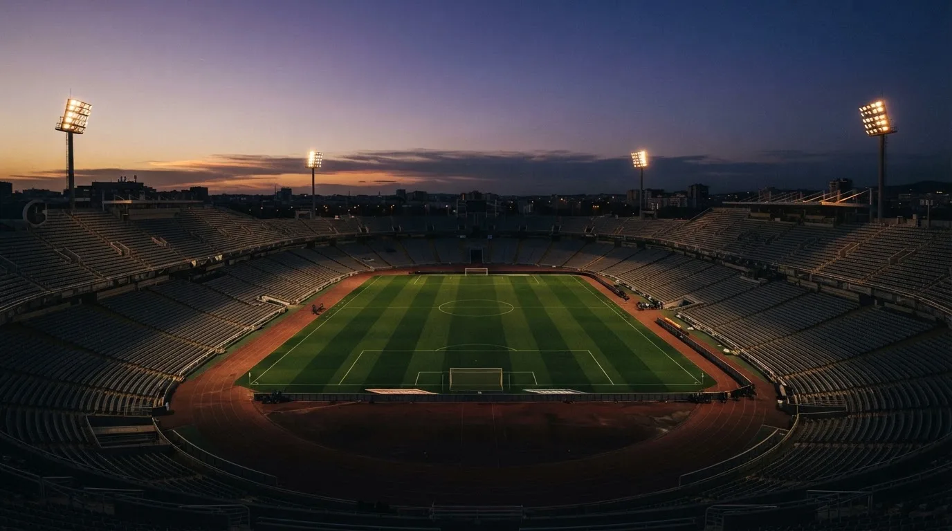 An empty football stadium with floodlight masts at dusk