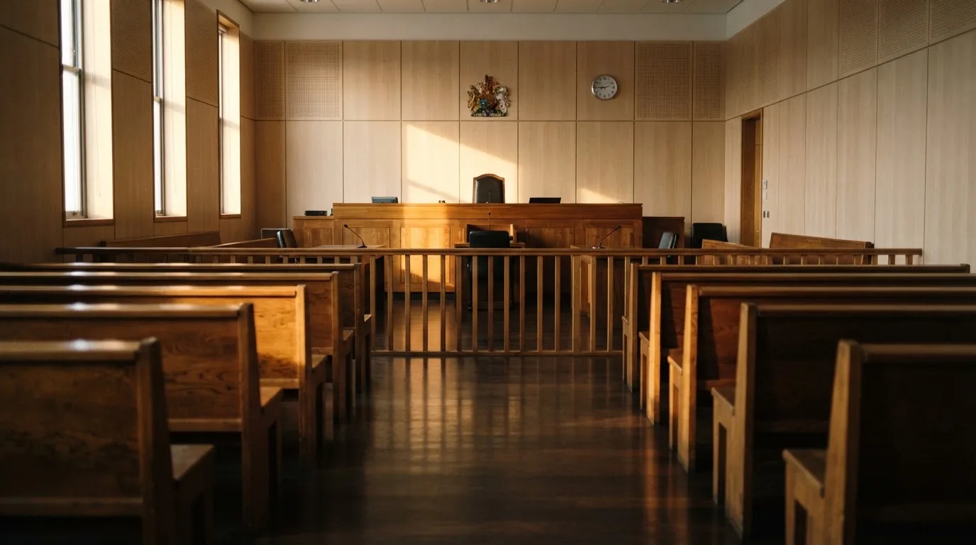 An empty courtroom with wooden benches in morning light