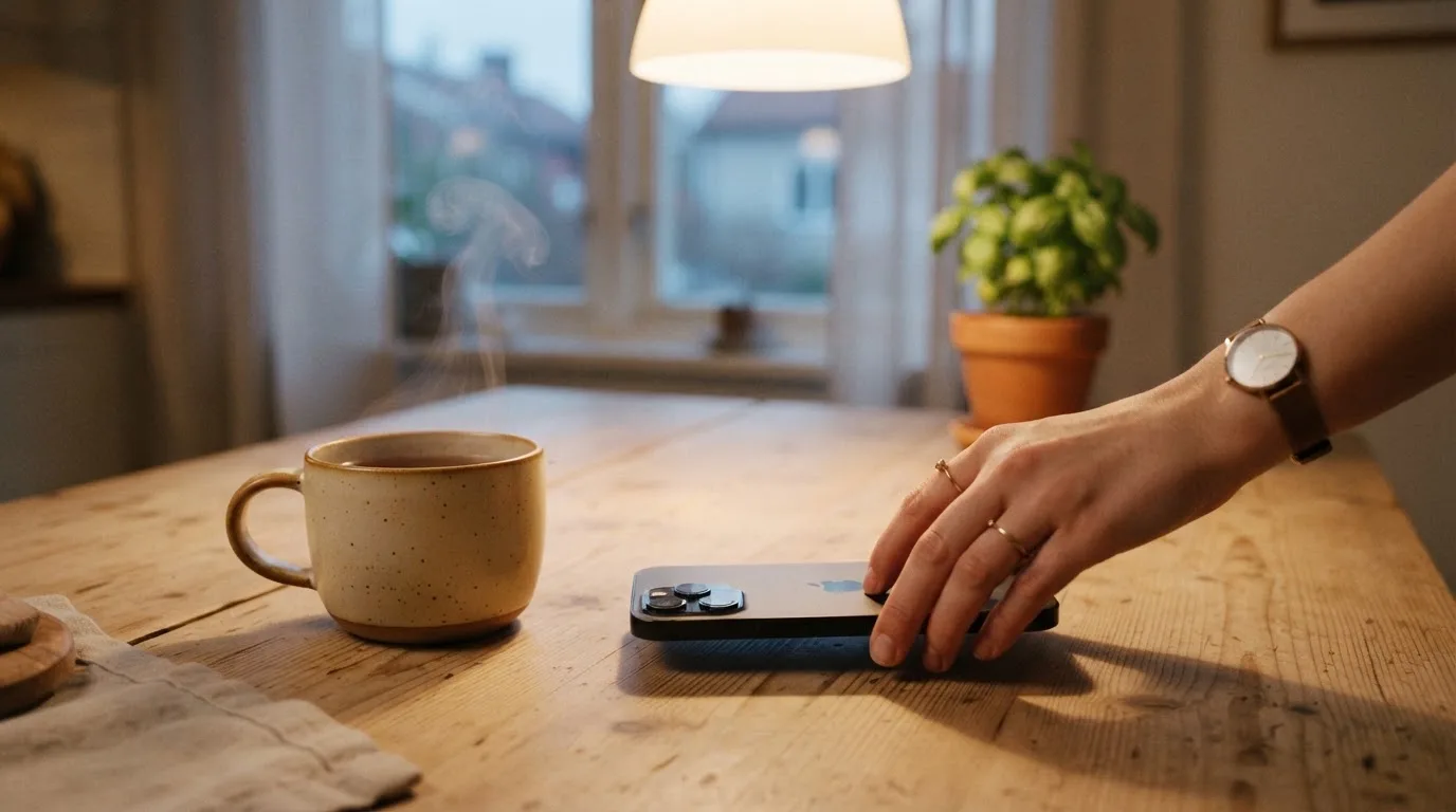 A hand setting a smartphone down beside a cup of tea on a kitchen table on a quiet evening