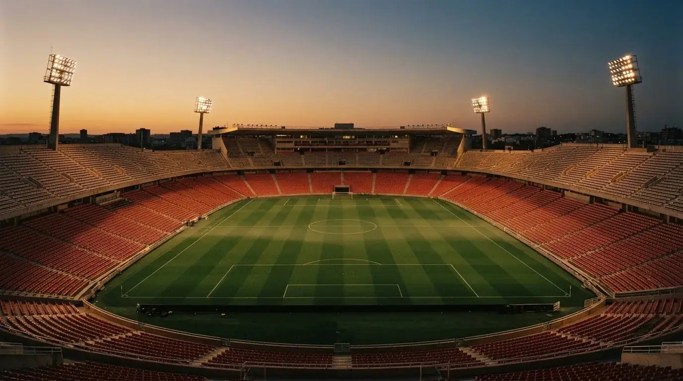 An empty football stadium with floodlight masts at dusk