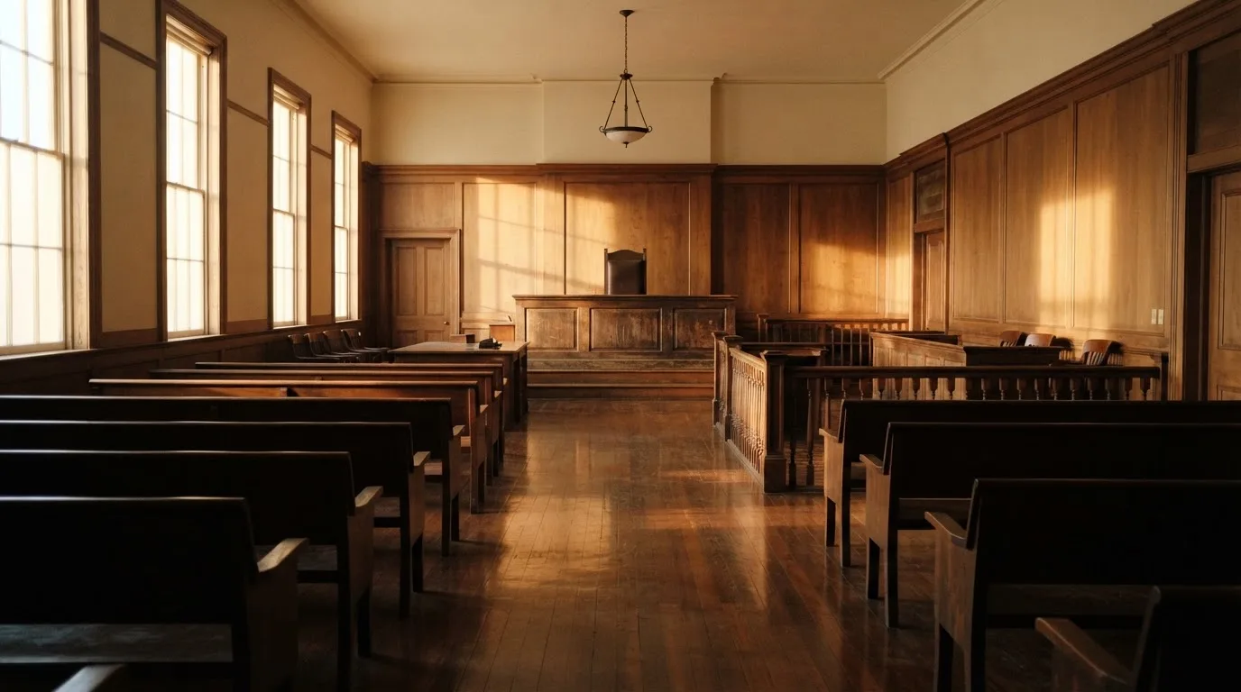 An empty courtroom with wooden benches in morning light