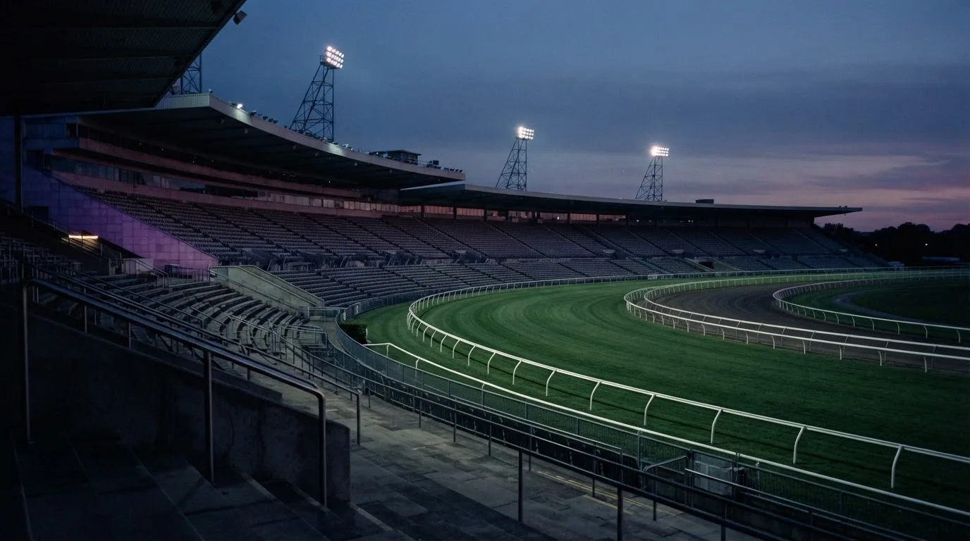 An empty football stadium with floodlight masts at dusk