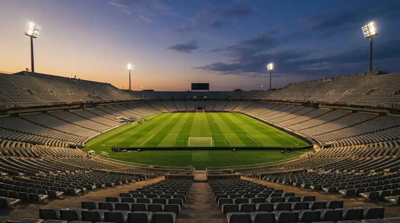 An empty football stadium with floodlight masts at dusk