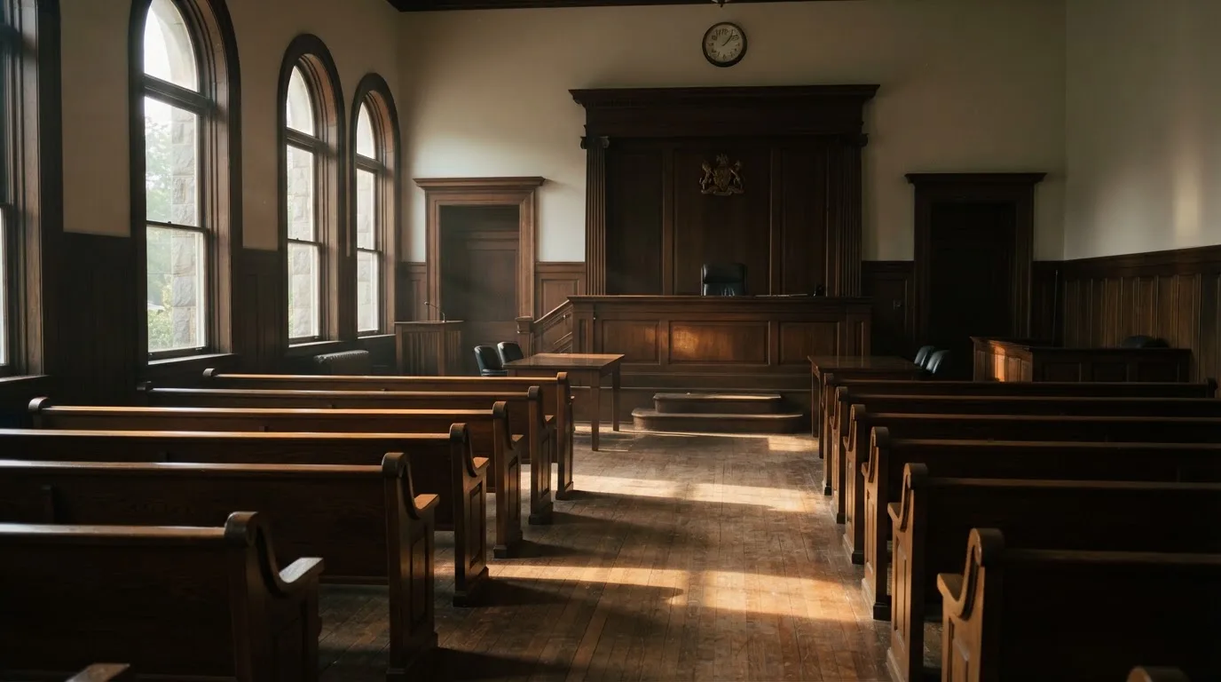 An empty courtroom with wooden benches in morning light