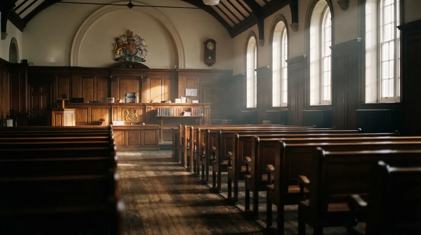 An empty courtroom with wooden benches in morning light