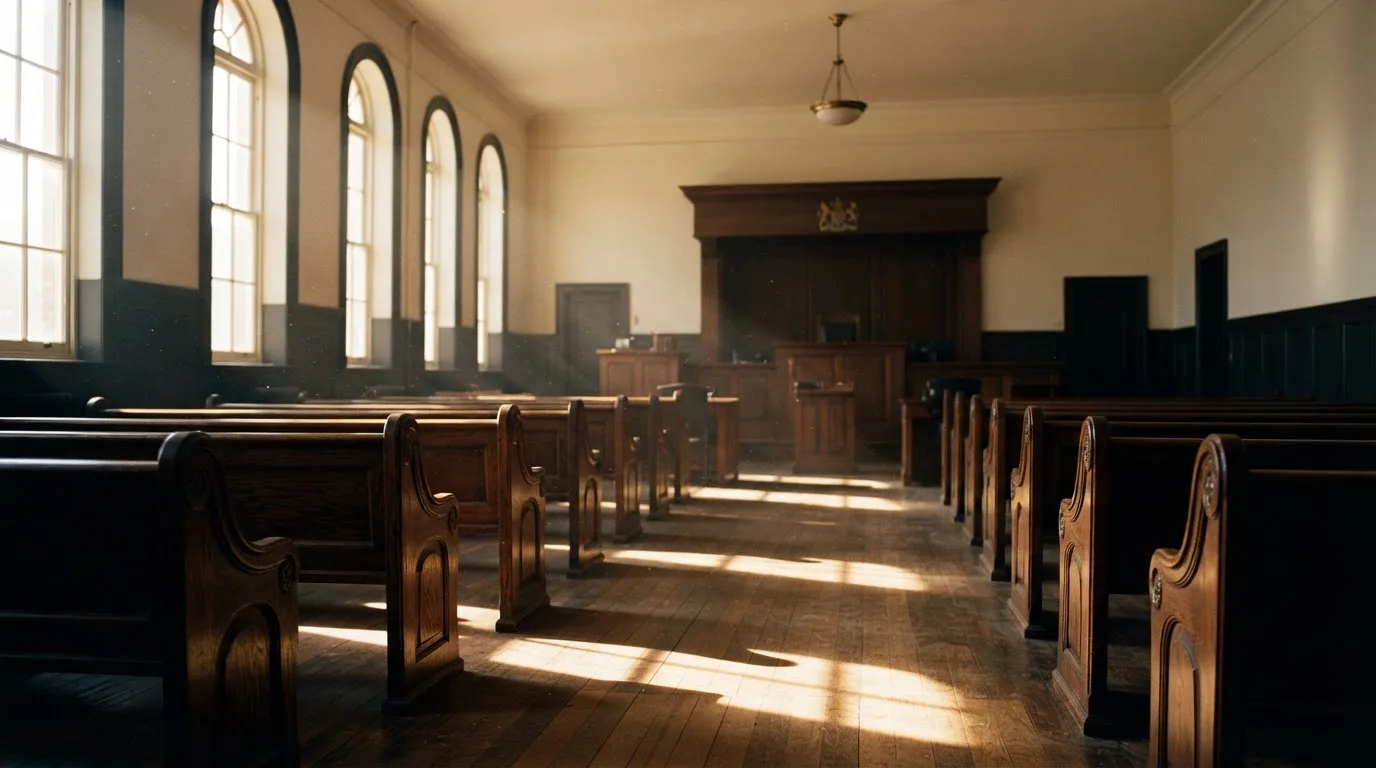 An empty courtroom with wooden benches in morning light
