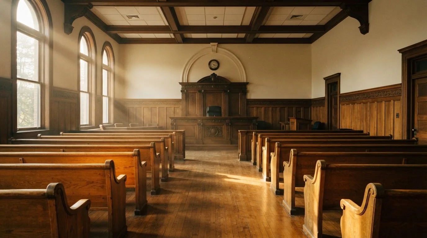An empty courtroom with wooden benches in morning light